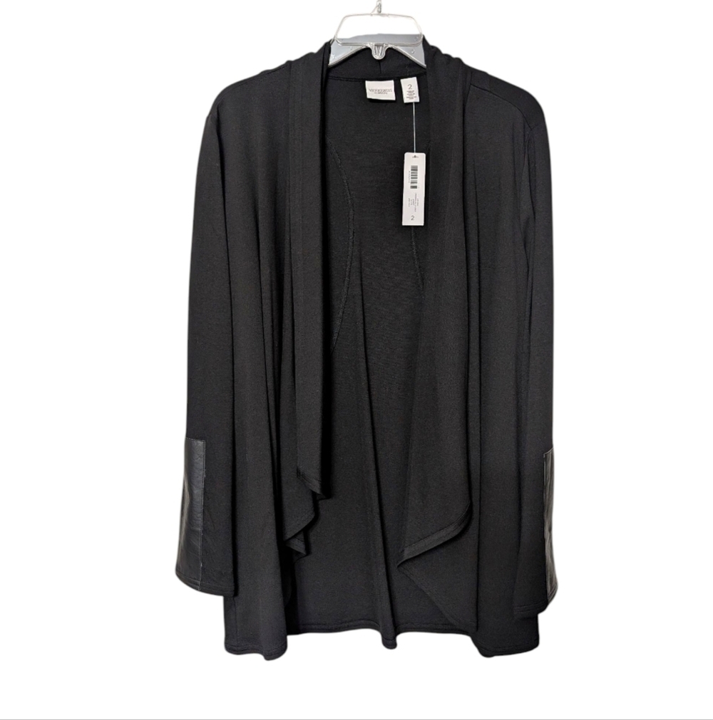 Weekends‎ By Chico's Gwendolen Black Faux Leather Wrist Patch Draped Cardigan L